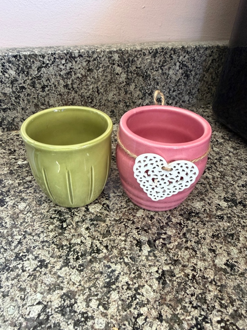 Pink Planter with Heart and Green Ceramic Pot Set